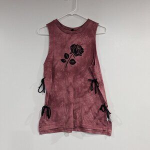 Empyre Tie Dye Rose Graphic Tee with Laced Sides Burgundy Black Size Medium